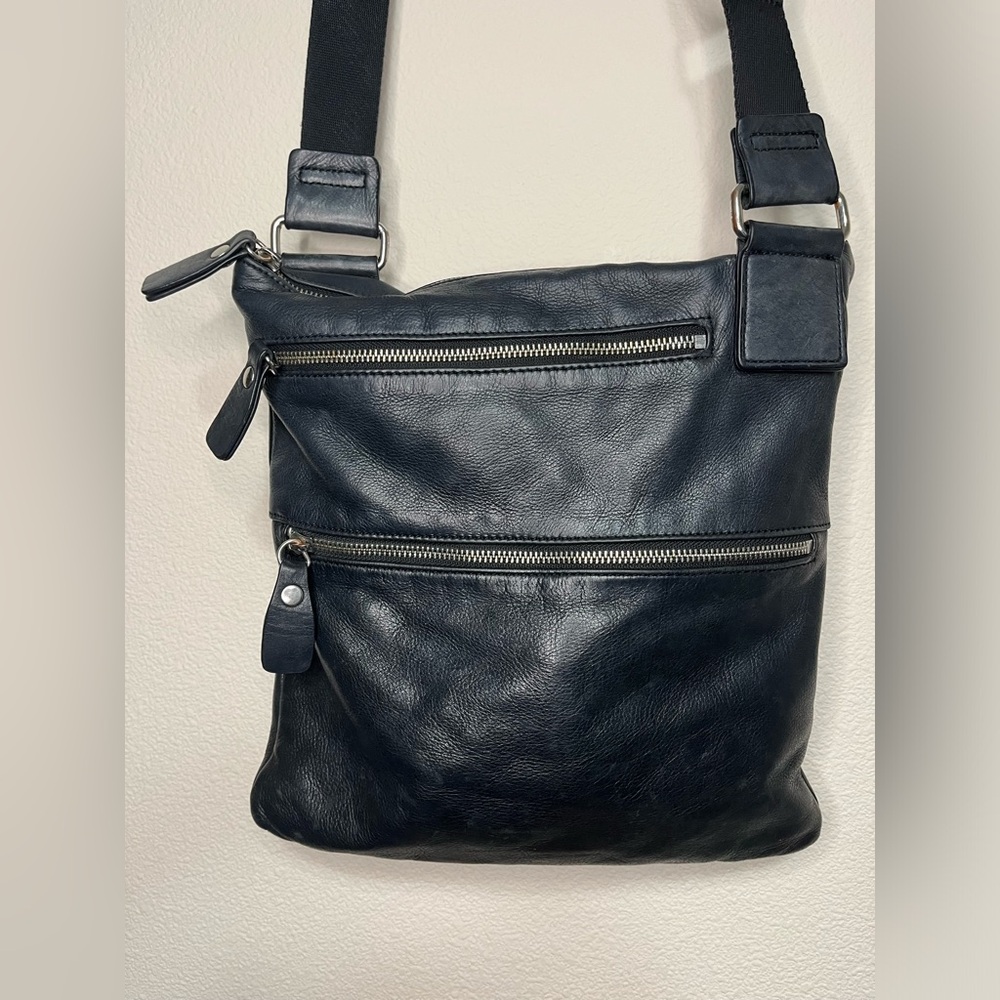 Margot Anthropology Black Leather Cross Body Asymmetrical Strap Bag Purse